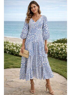 Alexis Idony Tiered Women's Linen Maxi Dress Sz M Coastal Wedding Guest